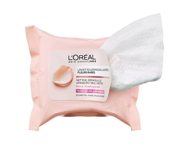 Foto del envase abierto de toallitas desmaquillantes para piel sensible Rare Flowers